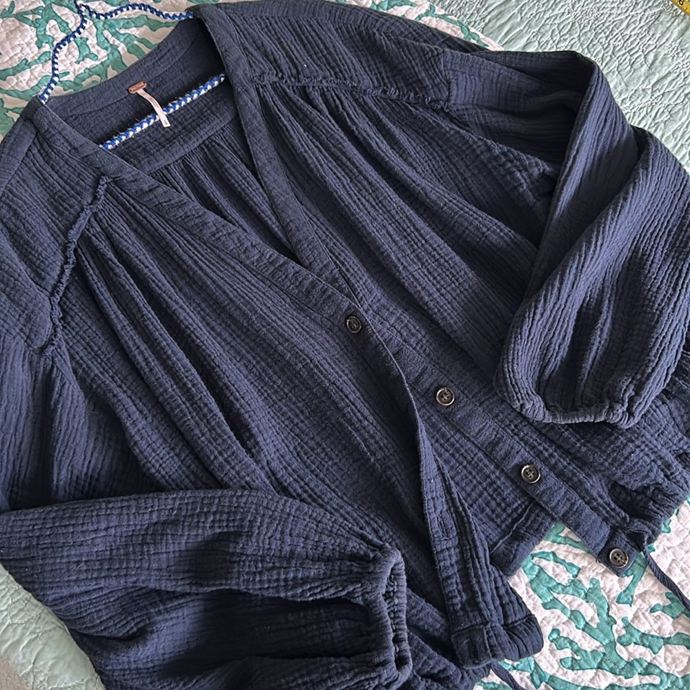 Free People Organic Cotton Jacket , Navy,SZ L